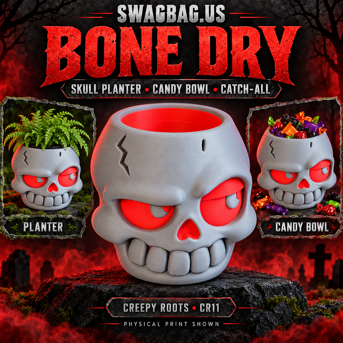 Bone Dry skull planter, wrapped-candy bowl, and catch-all listing cover — Creepy Roots CR11.