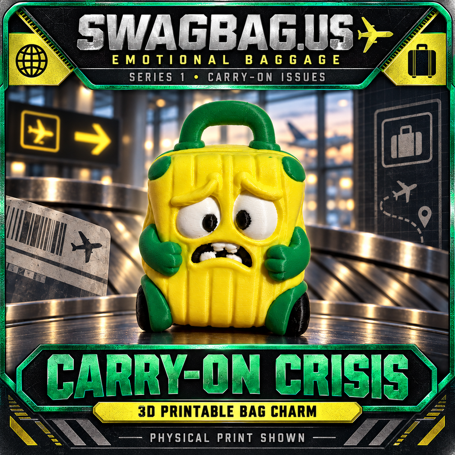 Marketplace cover showing the completed Carry-On Crisis physical print in an airport baggage-claim setting.