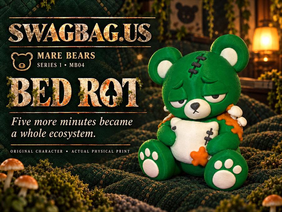 Bed Rot, a sleepy green mushroom-covered teddy holding an ivory pillow, on a Mare Bears catalog cover.