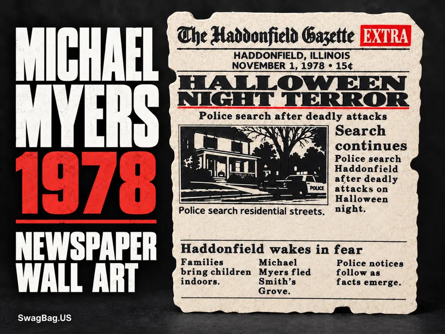 Halloween 1978 — Haddonfield Newspaper Wall Art — Text Edition by SwagBag.US