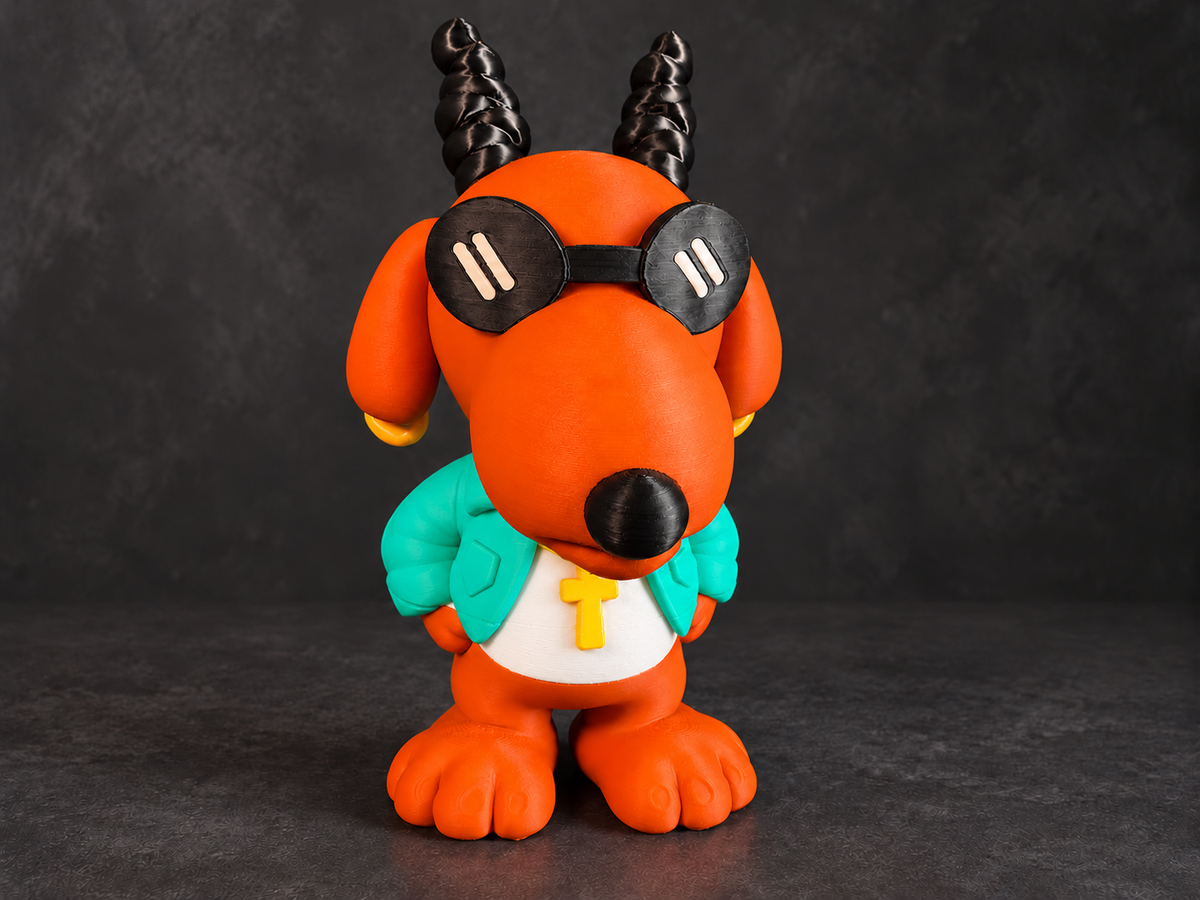 Snoopy Dogg multicolor figure in a teal jacket, retouched physical-print photo