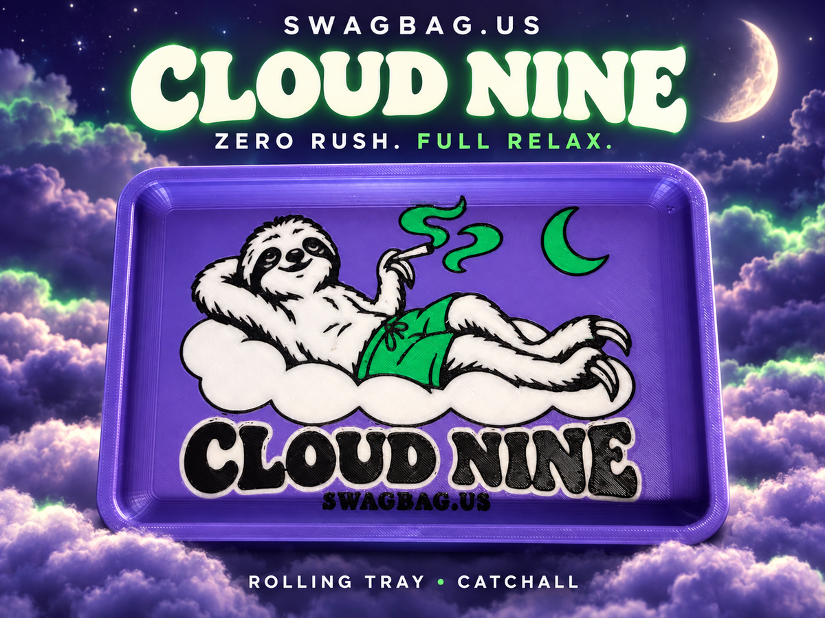 Cloud Nine rolling tray and catchall — SwagBag.US promotional cover with purple sloth tray and Zero Rush. Full Relax. headline.