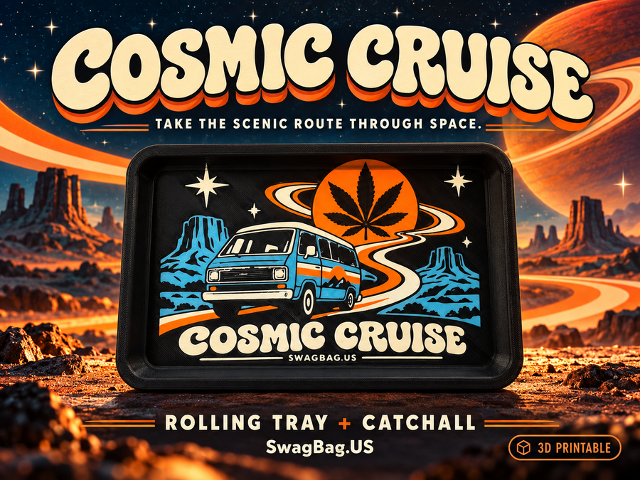 Cosmic Cruise rolling tray and catchall by SwagBag.US — promotional cover based on the finished print