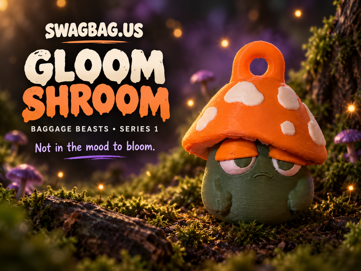 Gloom Shroom — Baggage Beasts #001 finished physical bag charm in olive green and orange.