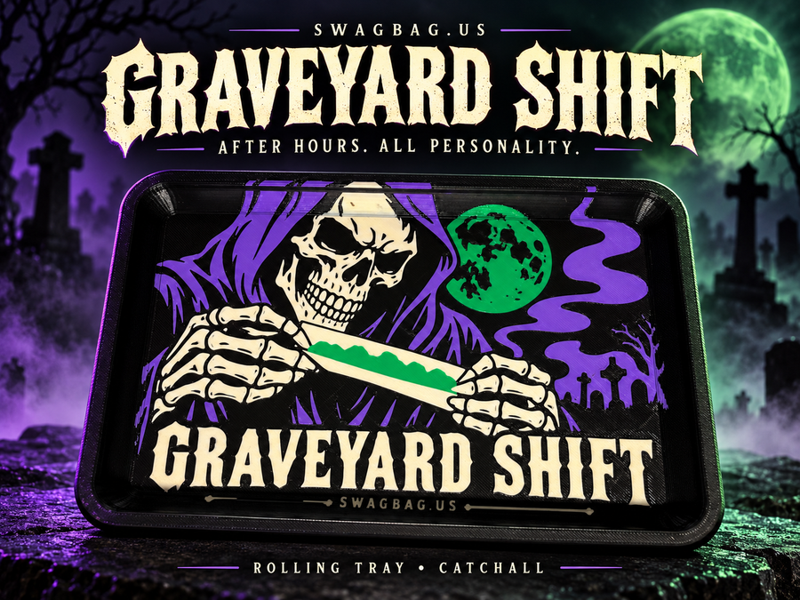 Graveyard Shift rolling tray and catchall by SwagBag.US — promotional cover featuring the purple-hooded reaper and green moon
