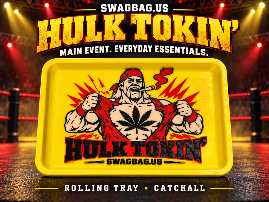 Hulk Tokin’ yellow rolling tray and catchall by SwagBag.US — promotional cover with wrestling parody artwork