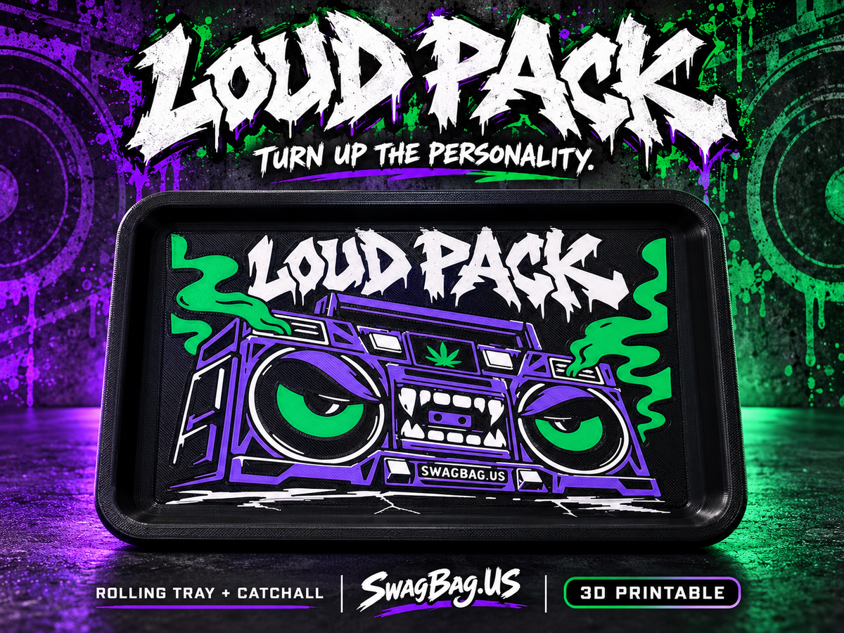 Loud Pack rolling tray and catchall by SwagBag.US — promotional cover based on the finished print