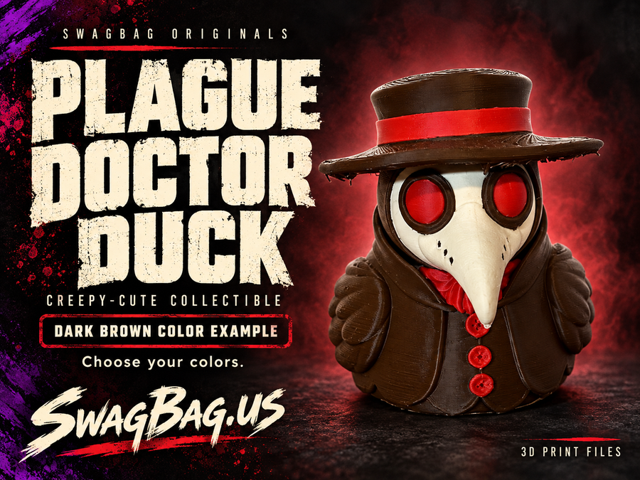 Plague Doctor Duck — A gothic duck with a beaked mask, red lenses, and a wide-brimmed hat.