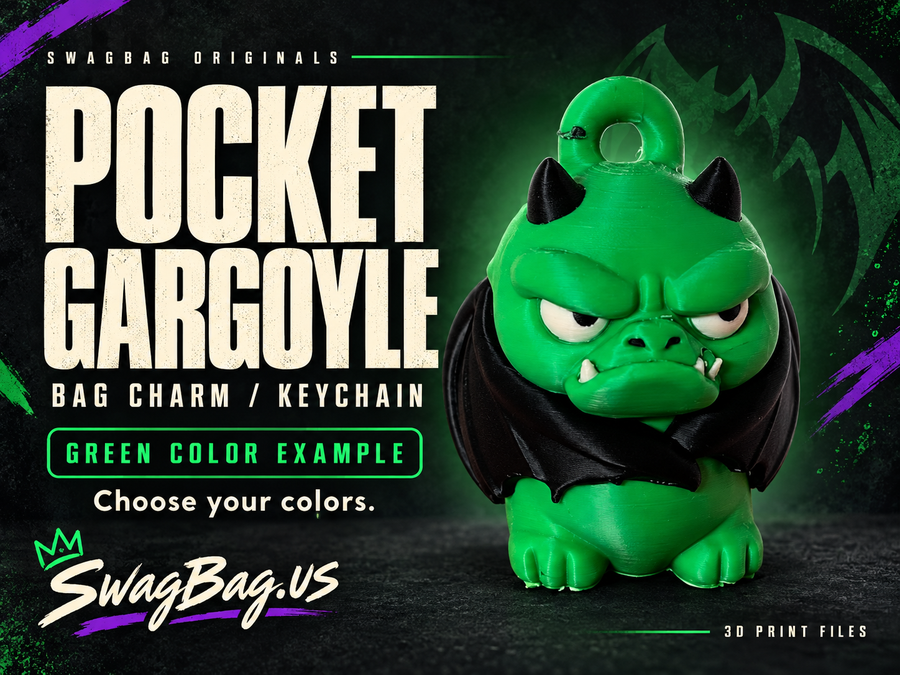 Pocket Gargoyle listing cover featuring the completed green-and-black physical print, folded wings, tiny fangs, and integrated hanging loop.