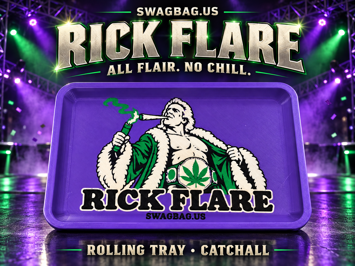 Rick Flare rolling tray and catchall — SwagBag.US promotional cover with purple tray and All Flair. No Chill. headline.