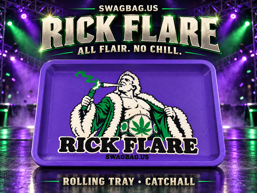 Rick Flare rolling tray and catchall — SwagBag.US promotional cover with purple tray and All Flair. No Chill. headline.
