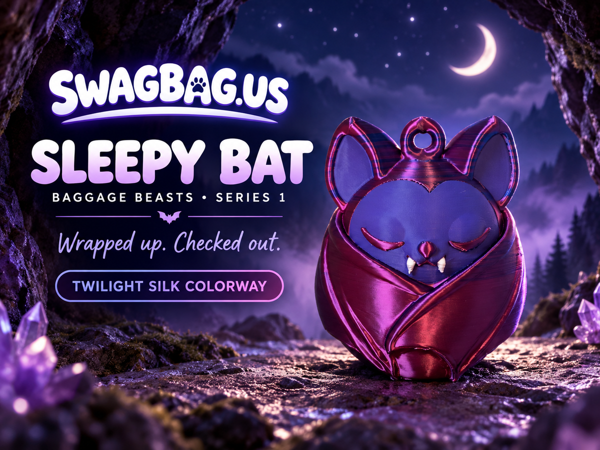 Sleepy Bat — Baggage Beasts #002 finished Twilight Silk physical bag charm.
