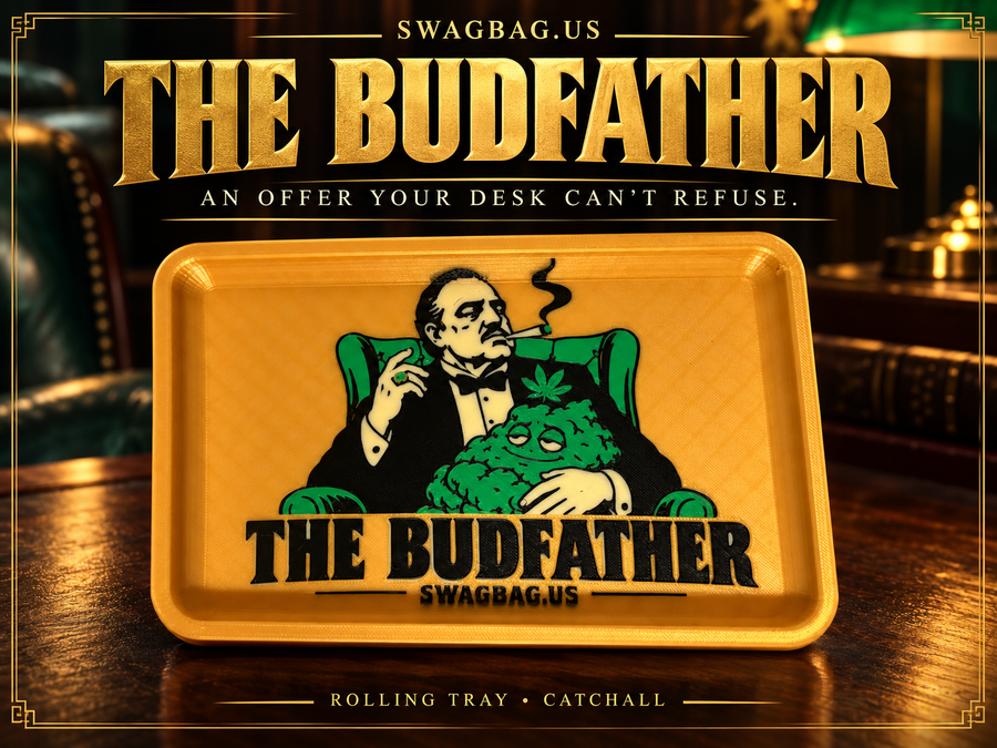 The Budfather golden amber rolling tray and catchall by SwagBag.US — promotional cover with a tuxedo-clad boss and sleepy green bud character