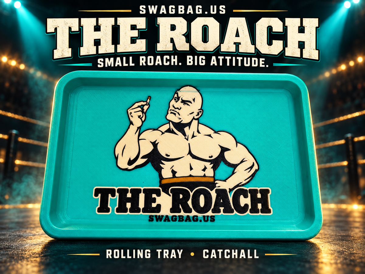 The Roach rolling tray and catchall — SwagBag.US promotional cover with turquoise tray and Small Roach. Big Attitude. headline.