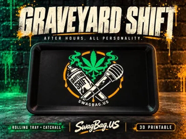Graveyard Shift street-art rolling tray with a crossed spray can and microphone, green leaf, and orange ring.