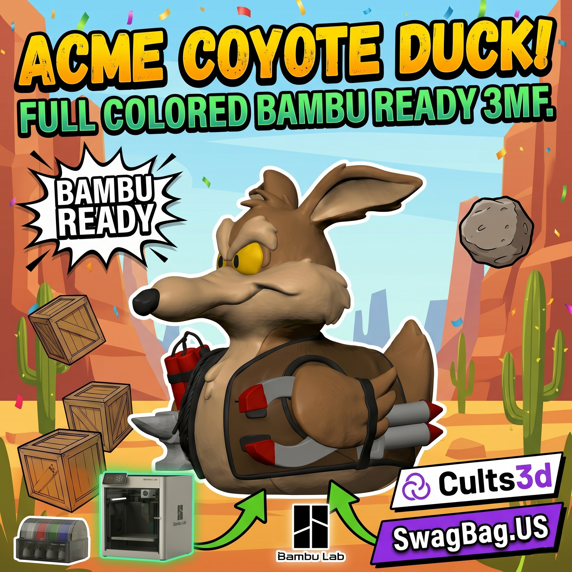 ACME Coyote Duck – Full Color Bambu Ready 3MF | Cartoon Desert Duck Figure